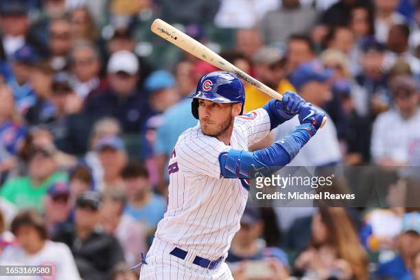 Cody Bellinger of the Chicago Cubs at bat against the Milwaukee Brewers at Wrigley Field on August 30, 2023 in Chicago, Illinois.