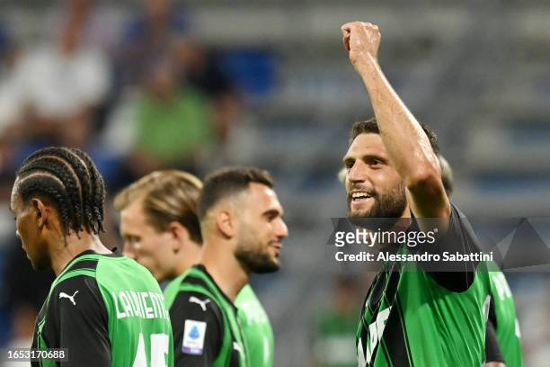 Domenico Barardi of US Sassuolo celebrates after scoring the team's third goal during the Serie A TIM match between US Sassuolo and Hellas Verona FC...