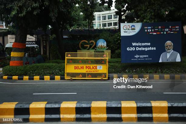 General view of signage welcoming delegates to the G20 summit on September 8, 2023 in New Delhi, India. The Prime Ministers of the UK and India meet...