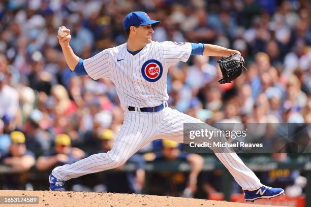 Kyle Hendricks of the Chicago Cubs delivers a pitch against the Milwaukee Brewers at Wrigley Field on August 30, 2023 in Chicago, Illinois.