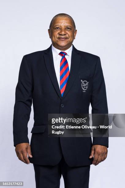 Allister Coetzee, Head Coach of Namibia, poses for a portrait during the Namibia Rugby World Cup 2023 Squad photocall on September 01, 2023 in Lyon,...