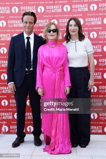 August Diehl, Isabelle Huppert and Elise Girard attend a photocall at the 20th Giornate Degli Autori during the 80th Venice International Film...