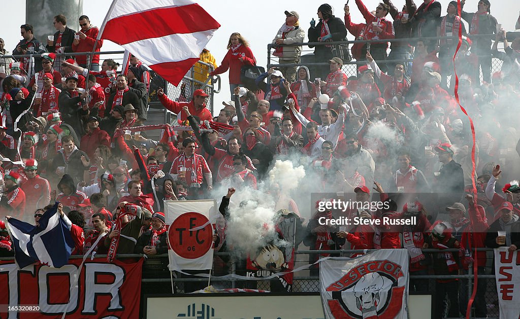 TFC OPENER03/29/08---Smoke chokes the fans in the south stands at Columbus Crew Stadium as Toronto F