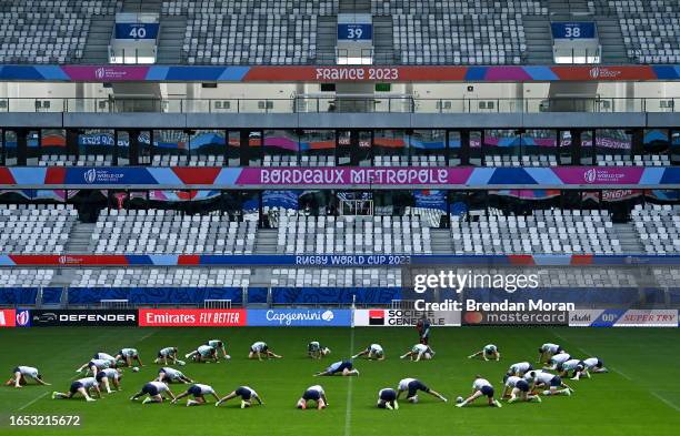 Bordeaux , France - 8 September 2023; The Ireland team stretch before their captain's run at the Stade de Bordeaux in Bordeaux, France.