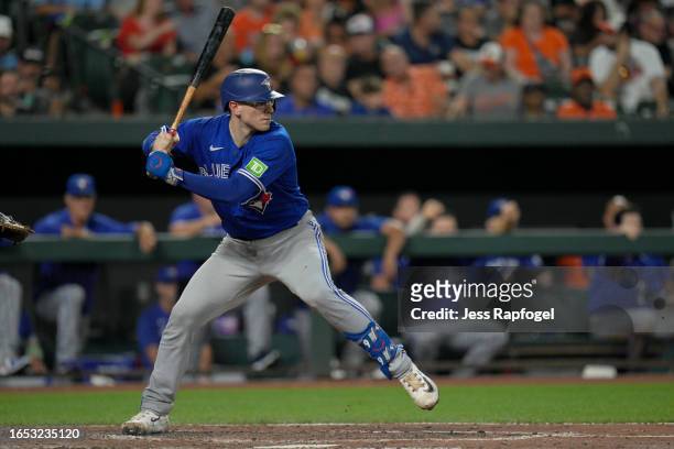Danny Jansen of the Toronto Blue Jays bats against the Baltimore Orioles during the fifth inning at Oriole Park at Camden Yards on August 24, 2023 in...