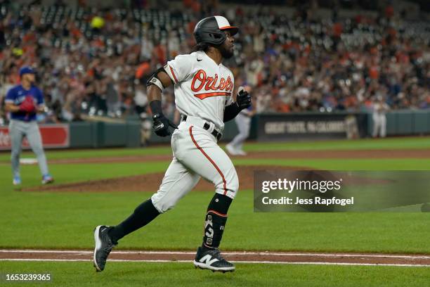 Cedric Mullins of the Baltimore Orioles runs the bases after he hits a two run home run against the Toronto Blue Jays during the fifth inning at...