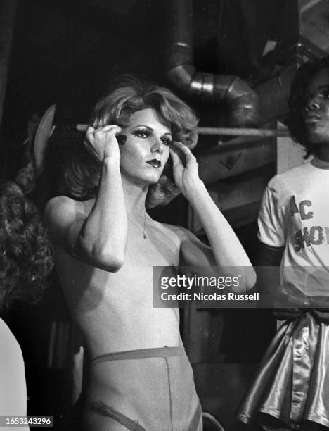 Female impersonator backstage at Austin Country in August 1975 in Austin, Texas.