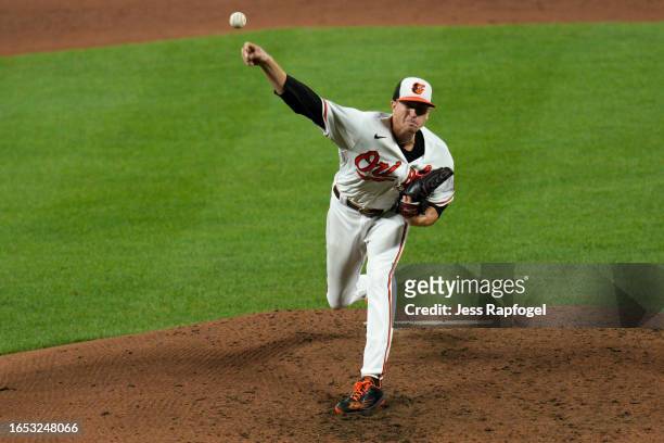 Kyle Gibson of the Baltimore Orioles pitches against the Toronto Blue Jays during the sixth inning at Oriole Park at Camden Yards on August 24, 2023...