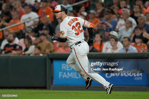 Ryan O'Hearn of the Baltimore Orioles runs to first base during the eighth inning against the Toronto Blue Jays at Oriole Park at Camden Yards on...