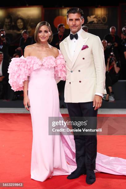 Olivia Palermo and Johannes Huebl attend a red carpet for the movie "Finalmente L'Alba" at the 80th Venice International Film Festival on September...