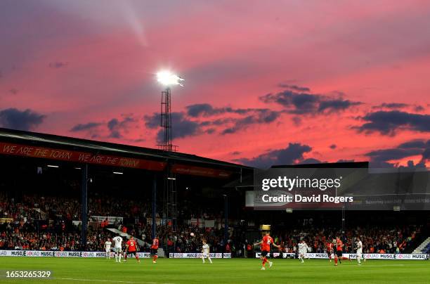 General view inside the stadium as the sun sets during the Premier League match between Luton Town and West Ham United at Kenilworth Road on...