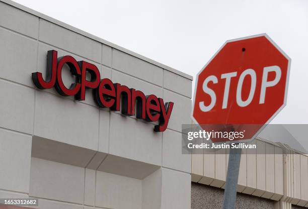 Sign is posted on the exterior of a JCPenney store at The Shops at Tanforan on September 01, 2023 in San Bruno, California. Retailer JCPenney...