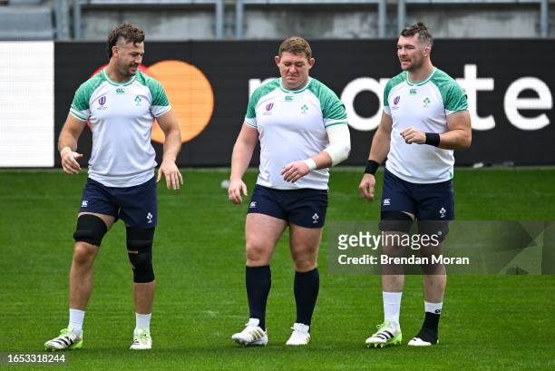 Bordeaux , France - 8 September 2023; Ieland players, from left, Caelan Doris, Tadhg Furlong and Peter O'Mahony during their captain's run at the...