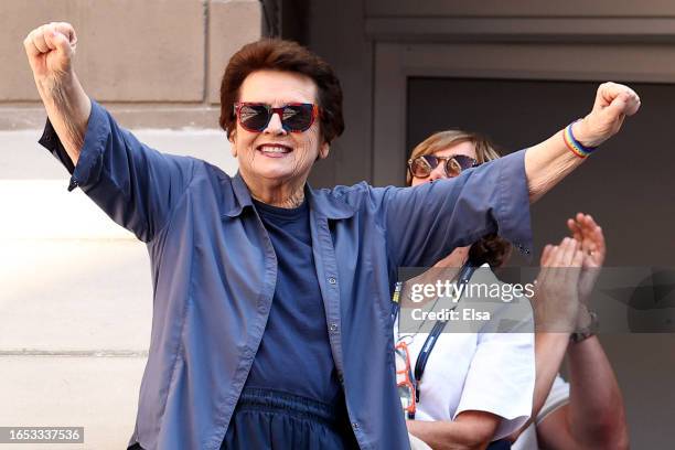 Billie Jean King reacts during the Women's Singles Third Round match between Caroline Wozniacki of Denmark and Jennifer Brady of the United States on...