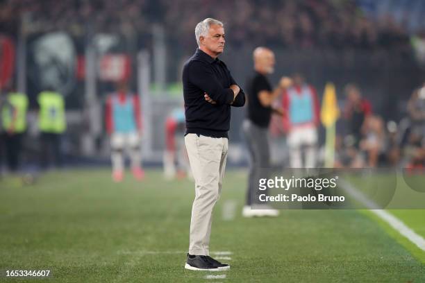 Jose Mourinho, Head Coach of AS Roma, looks on during the Serie A TIM match between AS Roma and AC Milan at Stadio Olimpico on September 01, 2023 in...