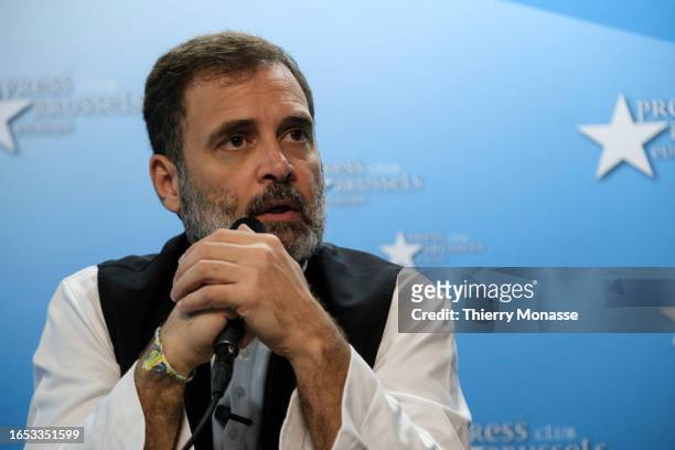 Indian Parliament member Rahul Gandhi attends a conference at the Brussels Press Club on September 8, 2023 in Brussels, Belgium. Gandhi is on a...