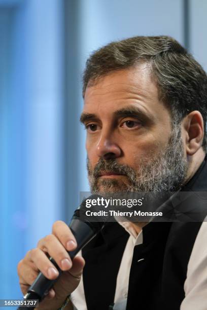 Indian Parliament member Rahul Gandhi attends a conference at the Brussels Press Club on September 8, 2023 in Brussels, Belgium. Gandhi is on a...