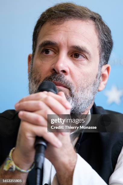 Indian Parliament member Rahul Gandhi attends a conference at the Brussels Press Club on September 8, 2023 in Brussels, Belgium. Gandhi is on a...