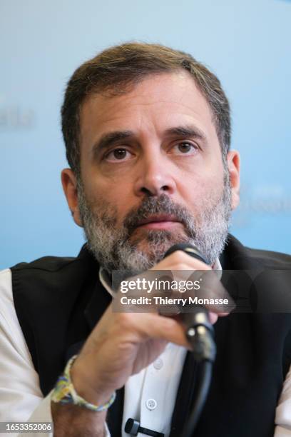 Indian Parliament member Rahul Gandhi attends a conference at the Brussels Press Club on September 8, 2023 in Brussels, Belgium. Gandhi is on a...