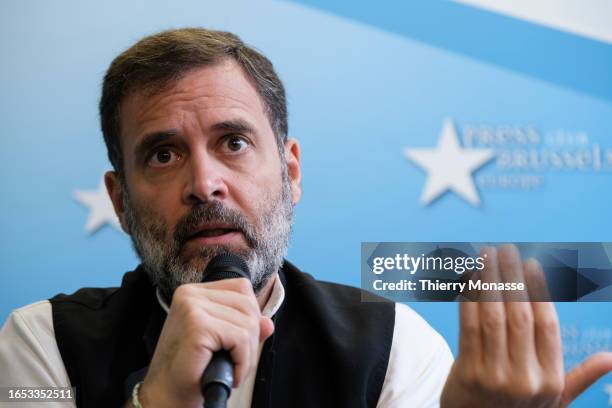 Indian Parliament member Rahul Gandhi attends a conference at the Brussels Press Club on September 8, 2023 in Brussels, Belgium. Gandhi is on a...