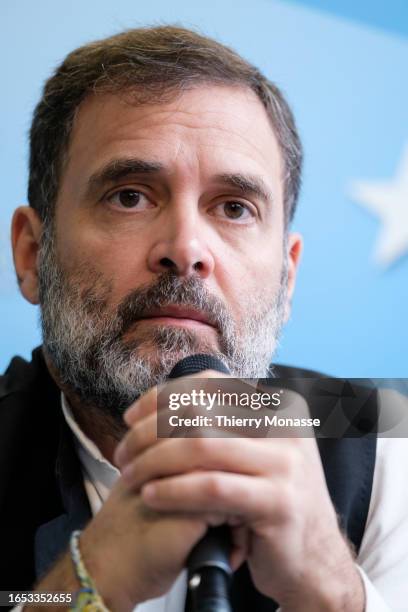 Indian Parliament member Rahul Gandhi attends a conference at the Brussels Press Club on September 8, 2023 in Brussels, Belgium. Gandhi is on a...