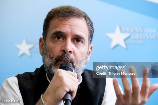 Indian Parliament member Rahul Gandhi attends a conference at the Brussels Press Club on September 8, 2023 in Brussels, Belgium. Gandhi is on a...