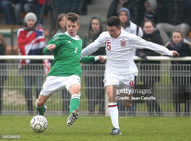 David Kammerbauer of Germany and Patrick Roberts of England in action during the Tournament of Montaigu qualifier match between U16 Germany and U16...