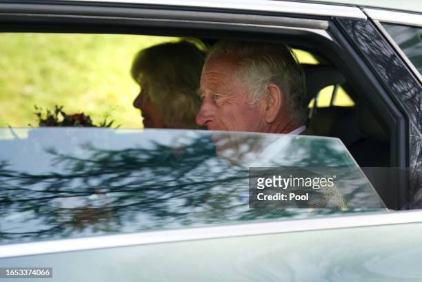 King Charles III and Queen Camilla depart Crathie Parish Church following a church service to mark the first anniversary of the death of Queen...