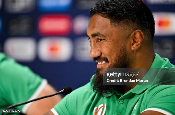 Bordeaux , France - 8 September 2023; Bundee Aki during a media conference after the Ireland rugby squad captain's run at the Stade de Bordeaux in...