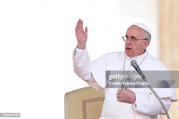 Pope Francis attends his weekly audience in St. Peter's square on April 3, 2013 in Vatican City, Vatican. Pope Francis delivered his catechism to a...