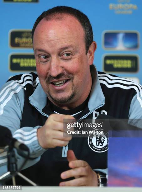 Chelsea manager Rafael Benitez speaks to the press during a Press Conference on April 3, 2013 in Cobham, England.