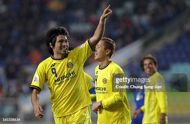 Masato Kudo of Kashiwa Reysol celebrates after scoring a goal during the AFC Champions League Group H match between Suwon Bluewings and Kashiwa...