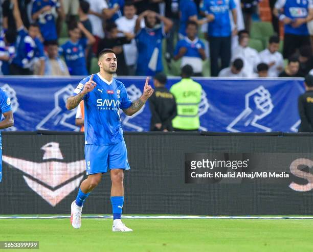 Aleksandar Mitrovic of Al Hilal celebrating his goal during Al Ittihad v Al Hilal in the Saudi Pro League at King Abdullah Sports City on September...