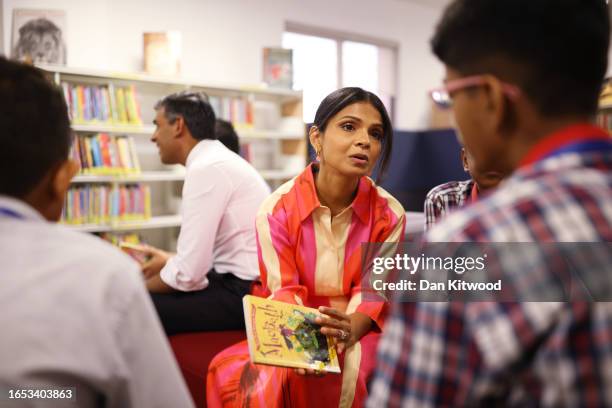 Prime Minister Rishi Sunak and his wife Akshata Murty meet local schoolchildren at the British Council during an official visit ahead of the G20...