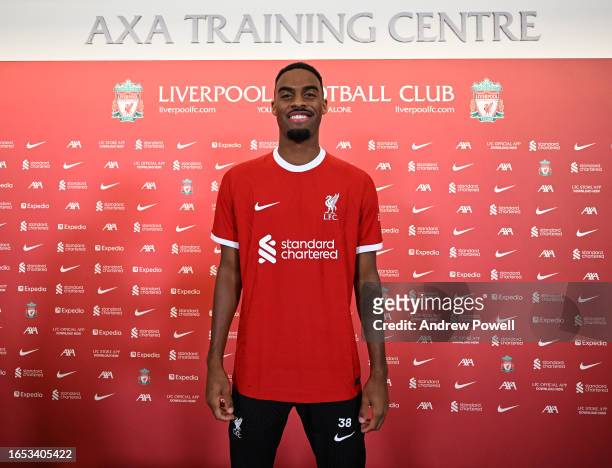 Ryan Gravenberch new signing of Liverpool at AXA Training Centre on September 01, 2023 in Kirkby, England.