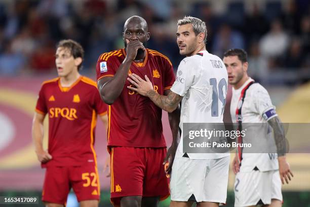 Romelu Lukaku of AS Roma interacts with Theo Hernandez of AC Milan during the Serie A TIM match between AS Roma and AC Milan at Stadio Olimpico on...