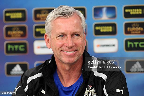 Newcastle United manager Alan Pardew attends a press conference ahead of the UEFA Europa League, quarter final, first leg between SL Benfica and...
