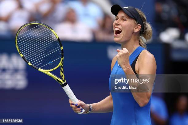 Caroline Wozniacki of Denmark celebrates after defeating Jennifer Brady of the United States during their Women's Singles Third Round match on Day...