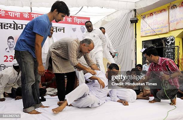 Aam Aadmi Party leader Arvind Kejriwal during his 12th Day of his indefinite fast on the issue of electricity and water at Sunder Nagari on April 3,...