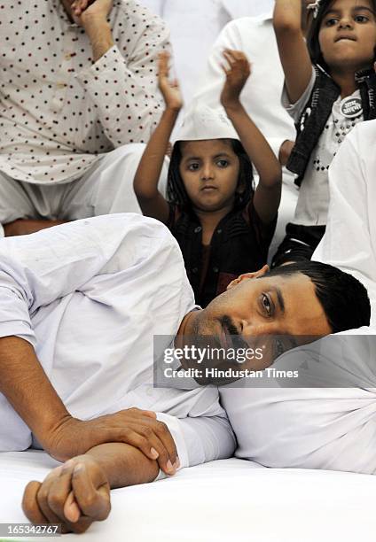 Aam Aadmi Party leader Arvind Kejriwal during his 12th Day of his indefinite fast on the issue of electricity and water at Sunder Nagari on April 3,...