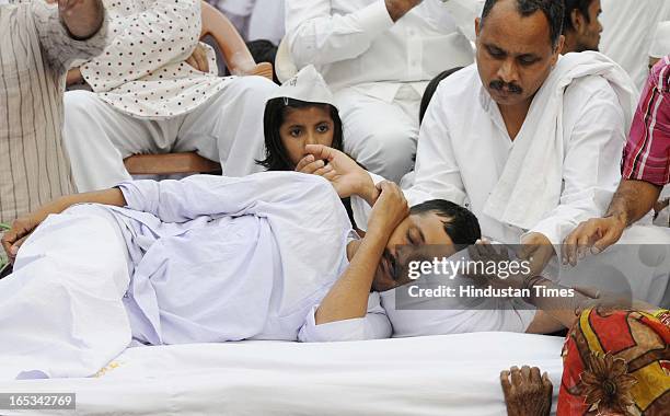 Aam Aadmi Party leader Arvind Kejriwal during his 12th Day of his indefinite fast on the issue of electricity and water at Sunder Nagari on April 3,...