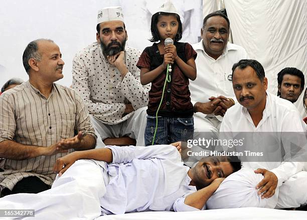 Aam Aadmi Party leader Arvind Kejriwal during his 12th Day of his indefinite fast on the issue of electricity and water at Sunder Nagari on April 3,...