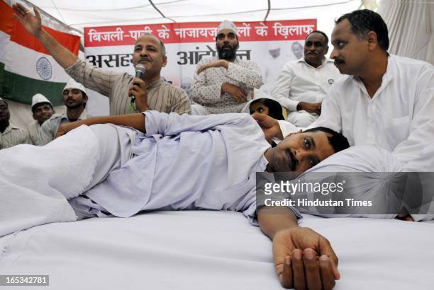 Aam Aadmi Party leader Arvind Kejriwal during his 12th Day of his indefinite fast on the issue of electricity and water at Sunder Nagari on April 3,...