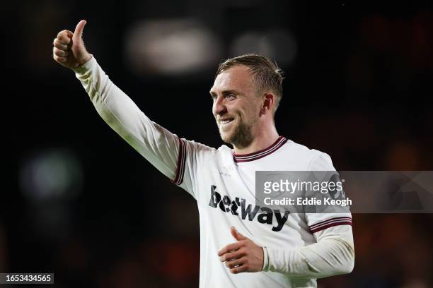 Jarrod Bowen of West Ham United celebrates victory after the Premier League match between Luton Town and West Ham United at Kenilworth Road on...