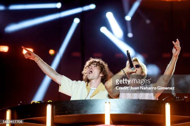Dorian Lauduique and Cesar de Rummel of Ofenbach perform on stage at La Caja Magica on September 01, 2023 in Madrid, Spain.