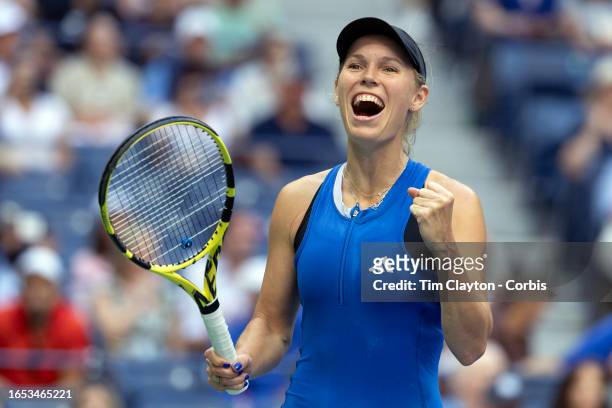 September 1: Caroline Wozniacki of Denmark celebrates her victory against Jennifer Brady of the United States in the Women's Singles round three...