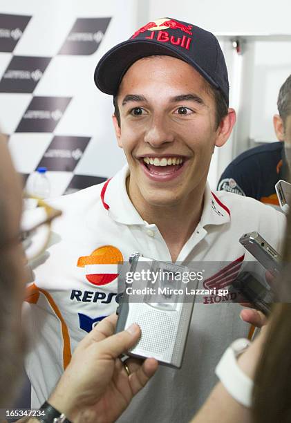 Marc Marquez of Spain and Repsol Honda Team speaks with journalists during the press conference pre-event during MotoGp of Qatar at Losail Circuit on...