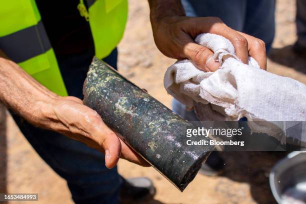 Geological sample taken at a drill site on the Khnaiguiyah mining site in Khnaiguiyah. Saudi Arabia, on Monday, July 2023. Saudi Arabia's Crown...