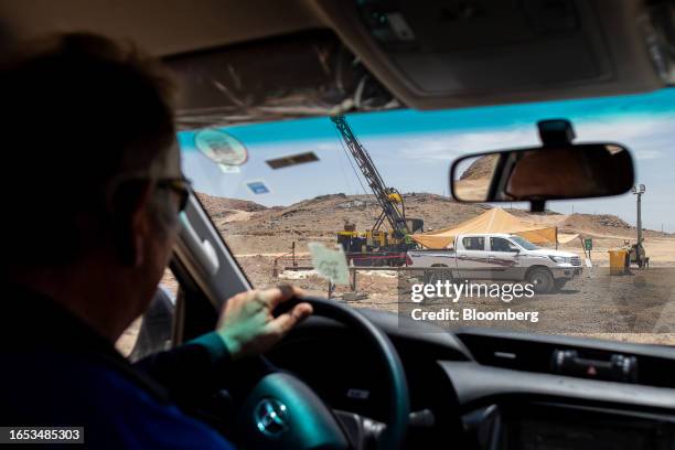 Vehicle approaches rig at a sample drill site on the Khnaiguiyah mining site in Khnaiguiyah, Saudi Arabia, on Monday, July 2023. Saudi Arabia's Crown...