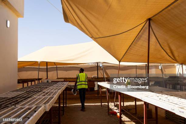 Worker walks past geological samples in a storage area on the Khnaiguiyah mining site in Khnaiguiyah. Saudi Arabia, on Monday, July 2023. Saudi...